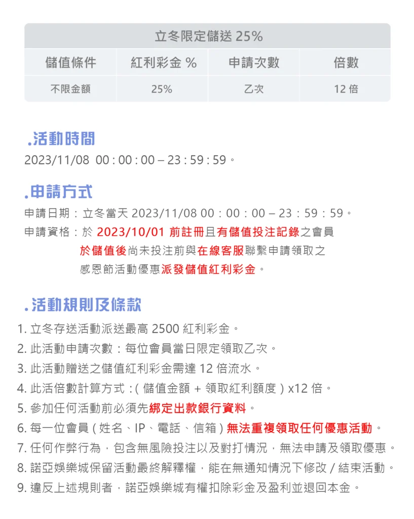 立冬存送｜支持存送25%紅利彩金